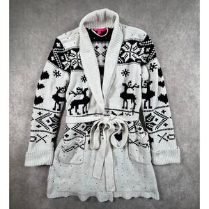 Betsey Johnson Womens Small Robe Cardigan White Black Reindeer Nordic Christmas